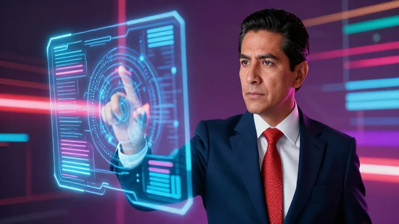 Maestro mexicano interactúa con interfaz digital futurista