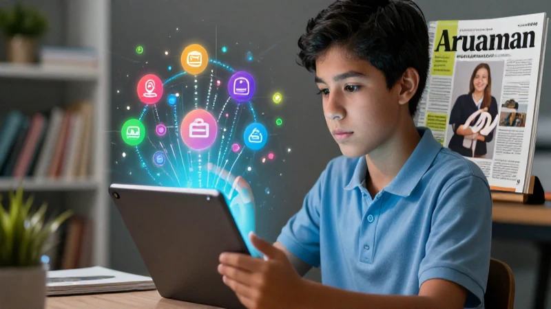 Estudiante mexicano interactúa con tablet educativa vibrante