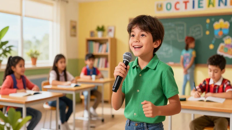 Niños mexicanos cantando en un moderno estudio de aprendizaje
