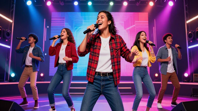 Estudiantes mexicanos alegres cantan en un escenario vibrante