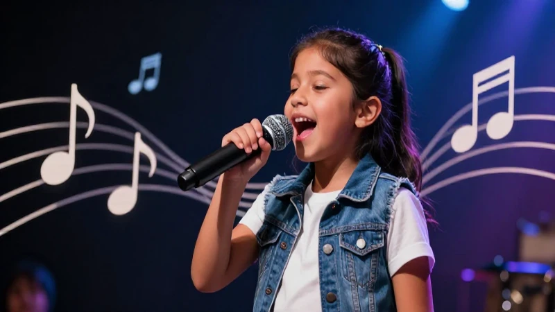 Niño mexicano vibrante canta en ilustración educativa moderna
