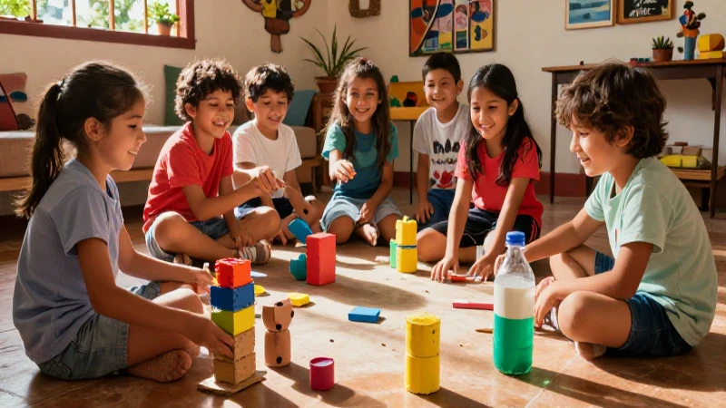 Niños felices juegan con juguetes reciclados en casa mexicana