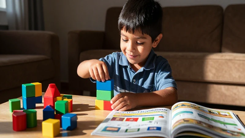 Niño sonriente aprendiendo con bloques coloridos