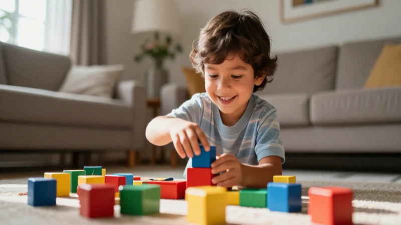 Niño mexicano juega alegre con bloques educativos