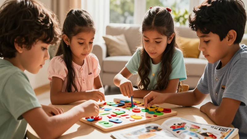 Niños mexicanos juegan con un colorido juego educativo