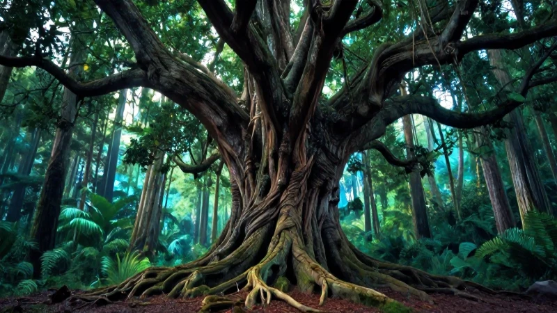 Árbol místico en bosque vibrante con estilo cinematográfico