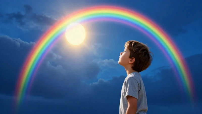 Arcoiris alrededor del sol: fenómenos y curiosidades 3 Ilustración vibrante: niño, arcoíris y sol