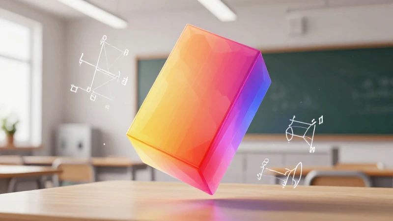 Prisma flotante con matemáticas futuristas en aula