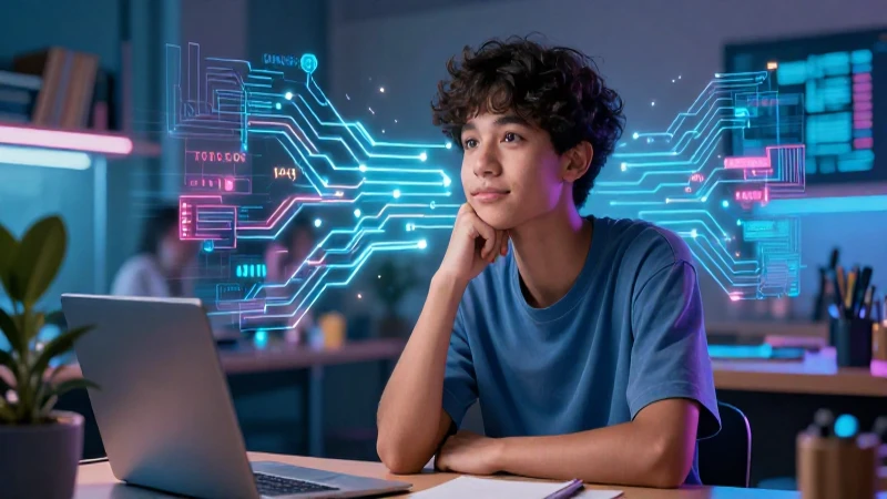 Estudiante moderno con lógica digital vibrante