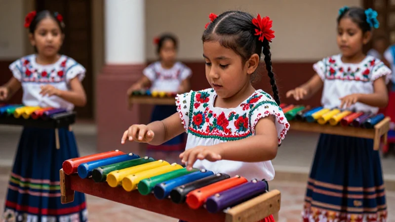 Niño vibrante toca marimba con alegría