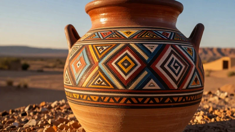 Cerámica árida con textiles geométricos al atardecer