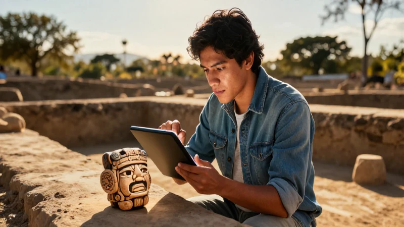 Arqueóloga joven estudia artefactos con modernidad