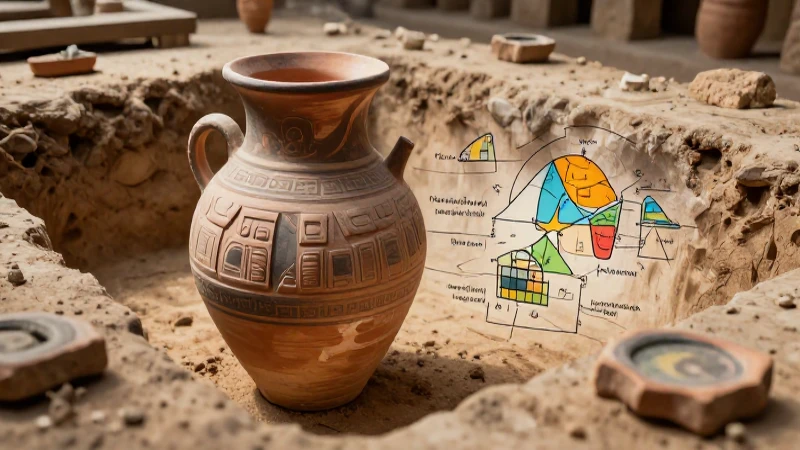 Escena arqueológica antigua con diagramas modernos