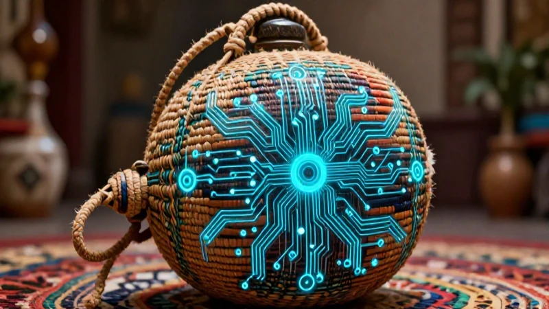 Ilustración digital detallada de un objeto mexicano con circuitos brillantes