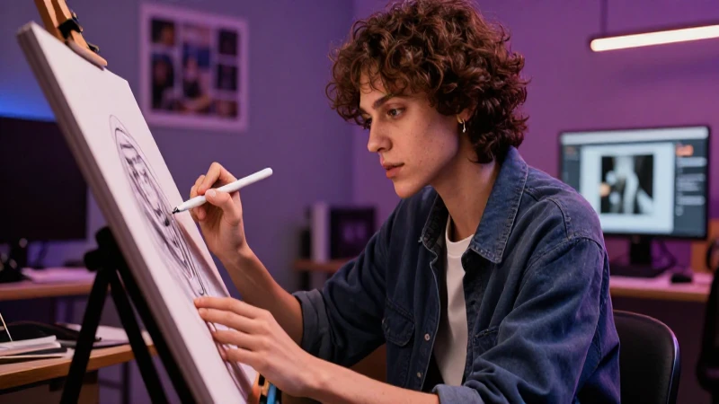 Domina el arte bidimensional y potencia tus habilidades artísticas 4 Artista joven dibuja dinámicamente en estudio