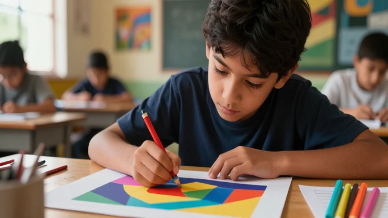Domina el arte bidimensional y potencia tus habilidades artísticas 3 Estudiante creativo con diseño geométrico vibrante