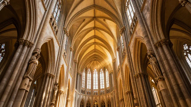 Gran arco gótico con luz dorada cinematográfica