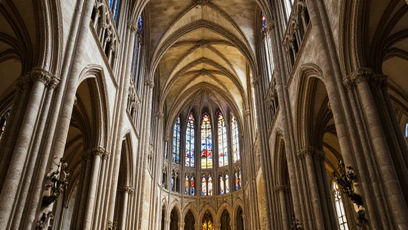 Interior gótico, arquitectura tallada con iluminación dramática