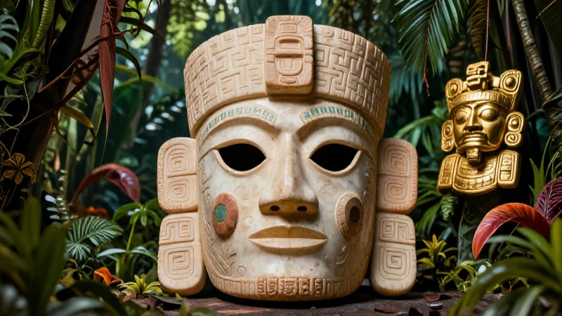 Máscara azteca y escultura maya en la selva