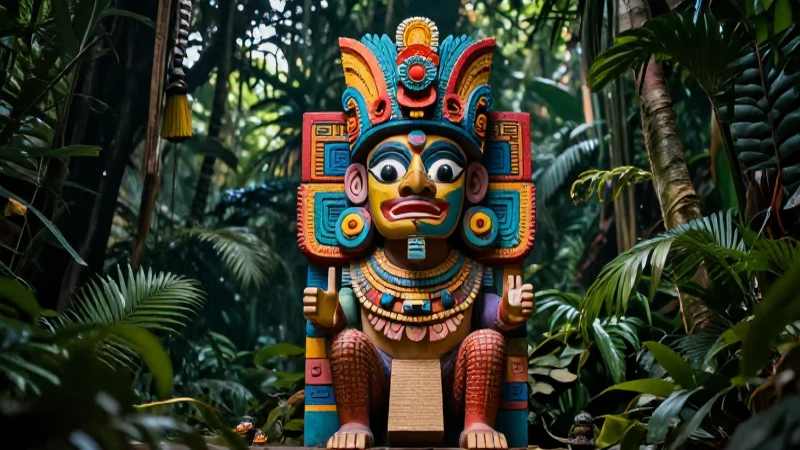 Escultura maya vibrante en un entorno ceremonial dramático