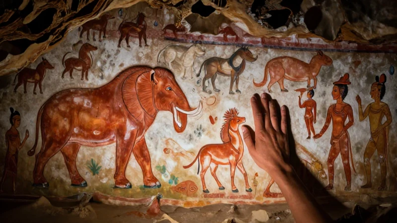 Arte rupestre vibrante y realista en cueva oscura