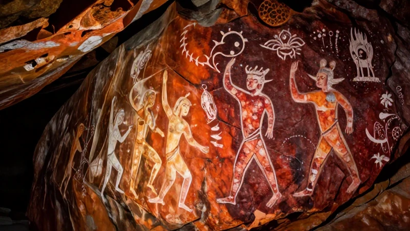 Arte rupestre vibrante y detallado en una cueva