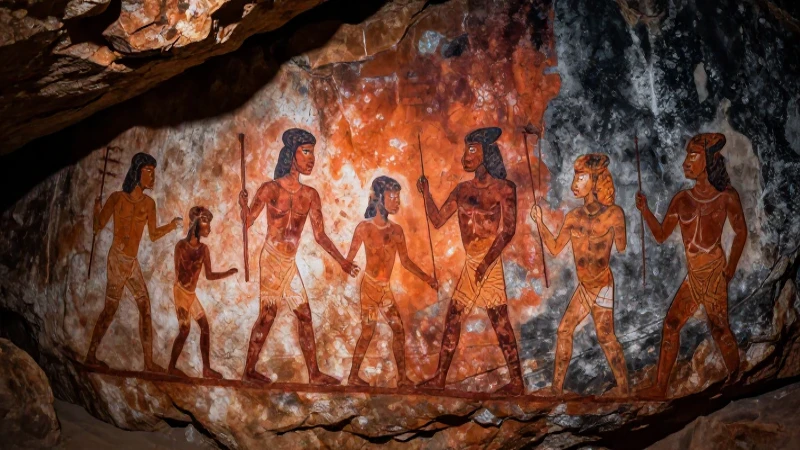 Pintura rupestre prehistórica vívida con iluminación dramática