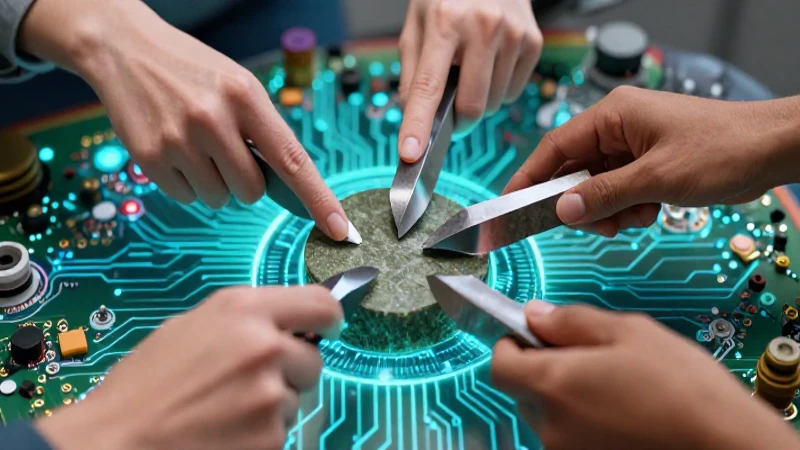 Manos interaccionando con herramientas futuristas vibrantes