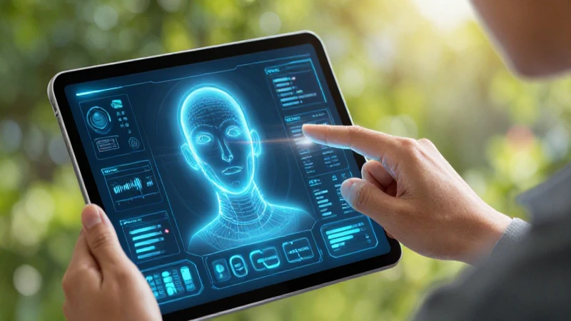 Avatar holográfico azul en tablet con estética de alta tecnología