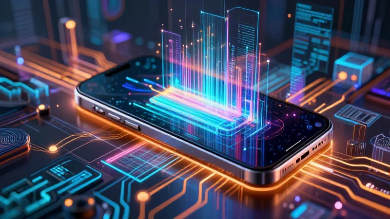 Smartphone futurista con datos holográficos vibrantes