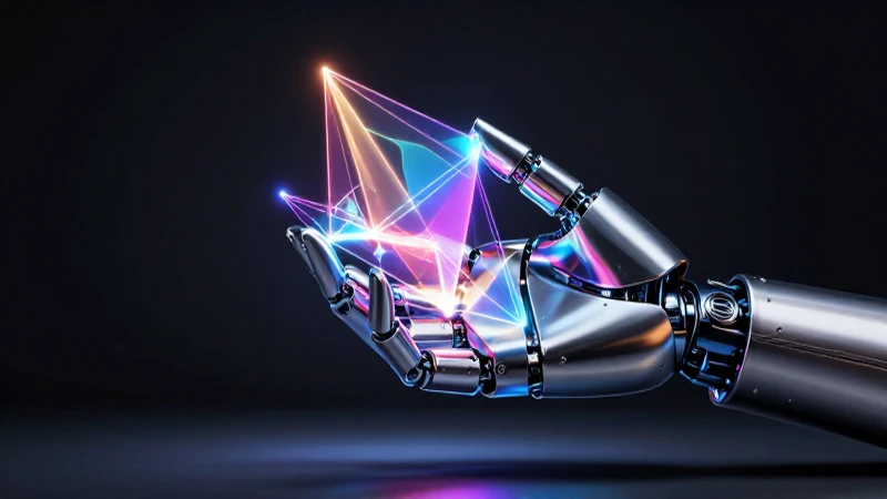 Mano robótica geométrica vibrante en estudio futurista