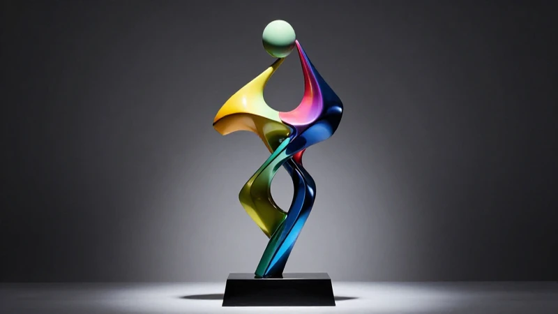 Escultura metálica abstracta con iluminación dramática