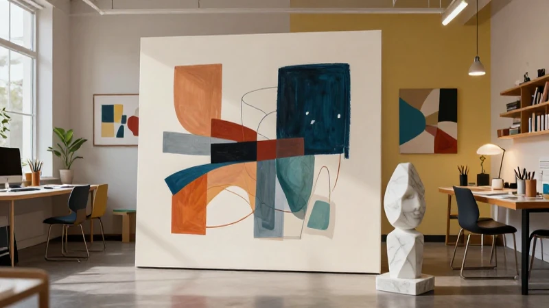 Obra abstracta y escultura minimalista en estudio moderno