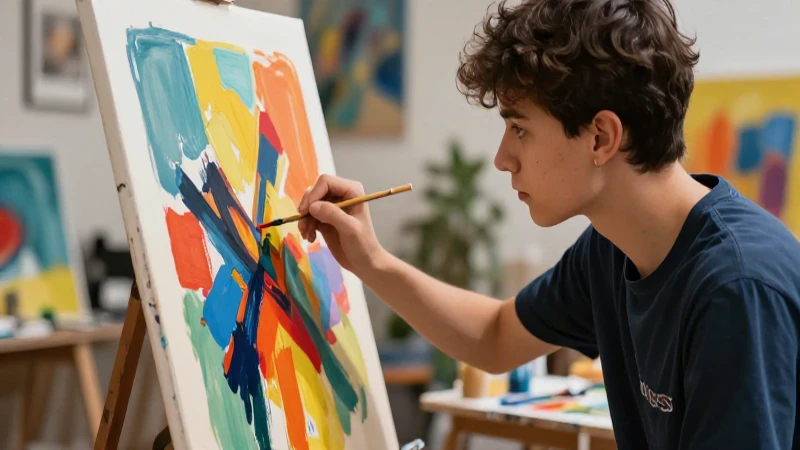 Estudiante pintando abstracciones con luz cinematográfica