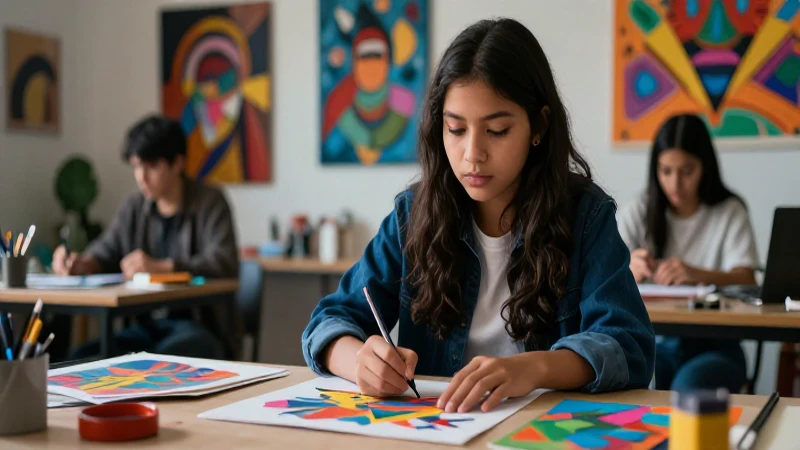 Joven artista crea obra vibrante en estudio moderno