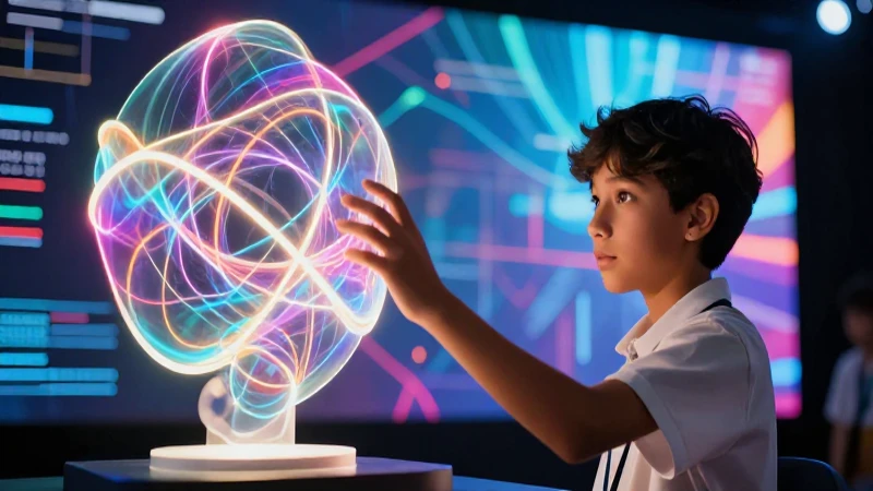 Joven interactúa con escultura holográfica vibrante y moderna