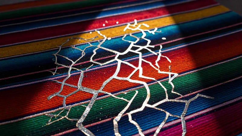 Textil mexicano con circuitos futuristas bajo luz dramática