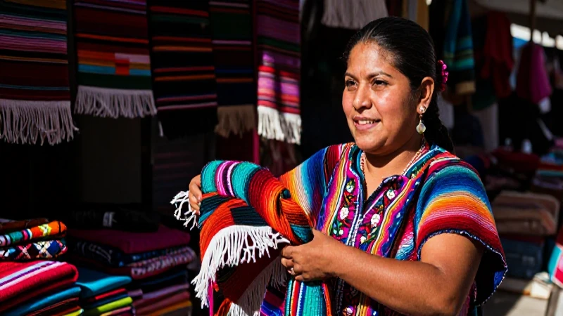 Artisana sonríendo en vibrante mercado mexicano