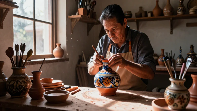 Artesanos mexicanos moldeando cerámica Talavera vibrante