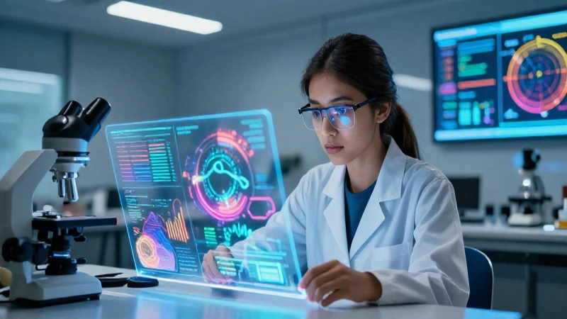 Investigadora brillante rodeada de descubrimientos científicos holográficos