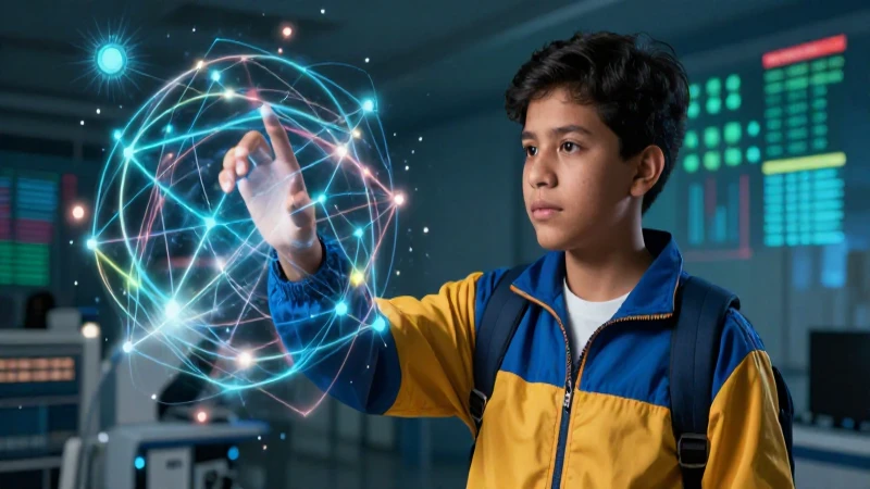 Estudiante mexicano interactúa con conocimiento digital vibrante