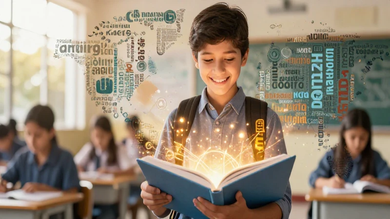 Conoce las Conoce alternativas para comprender con Sinónimos+ 4 Estudiante sonriente con libro luminoso