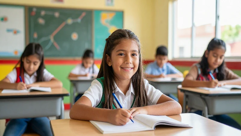 Aula mexicana moderna y brillante con estudiante sonriente
