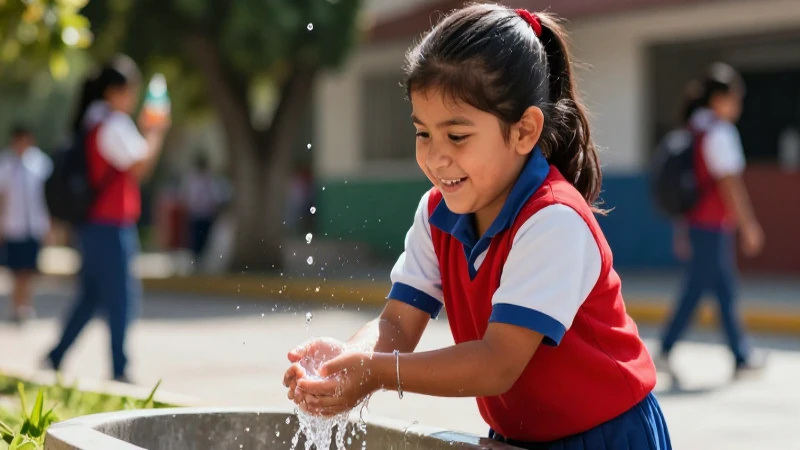 Joven estudiante mexicano lava sus manos con agua brillante