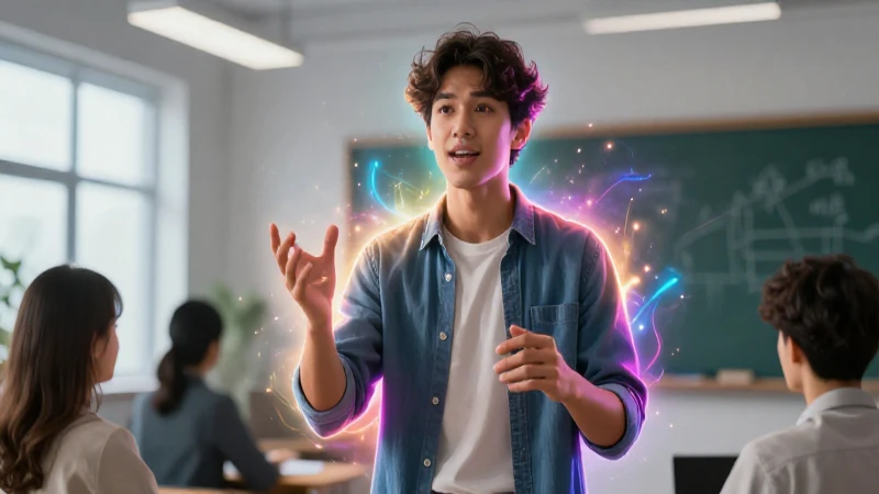 Joven confiado hablando en entorno profesional