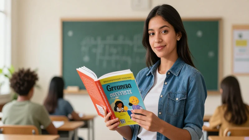 Joven educadora mexicana con libro gramática colorido