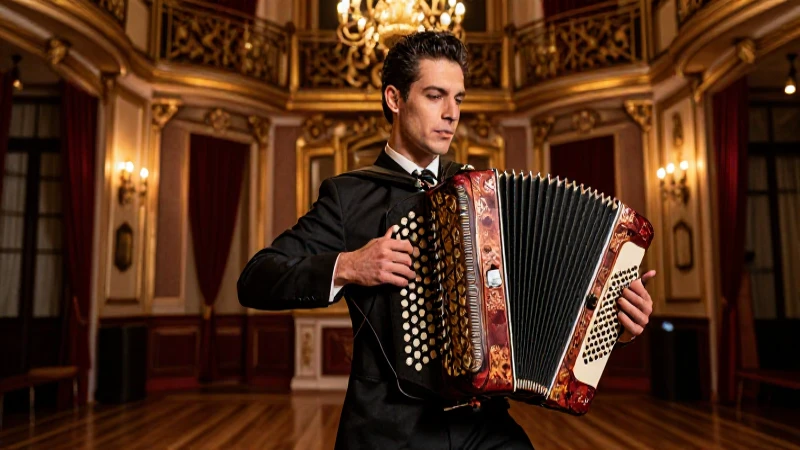 Músico de tango apasionado en salón histórico