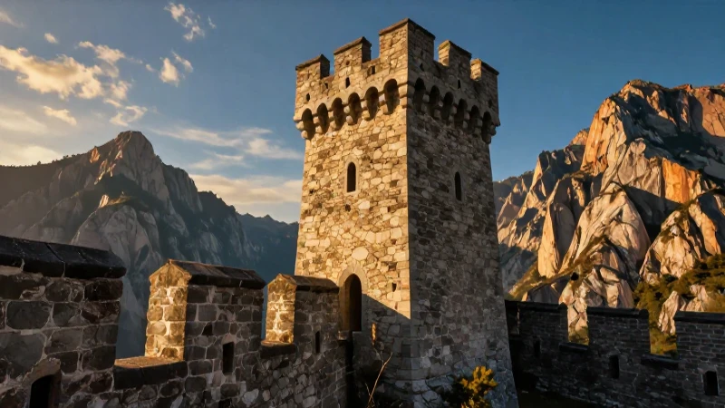 Torre histórica majestuosa en montaña al atardecer