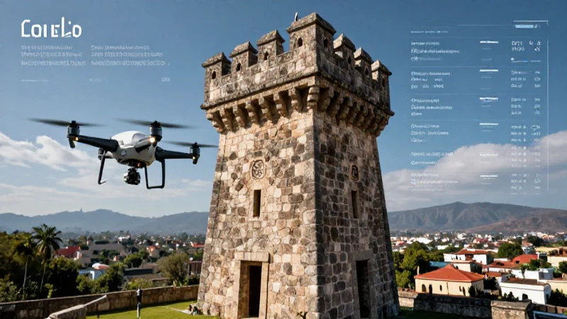 Torre antigua con tecnología, drones sobre paisaje mexicano