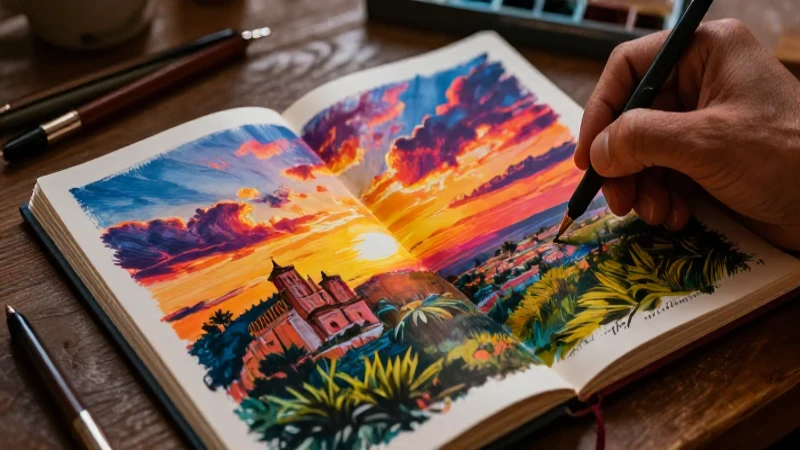 Dibujo creativo de atardecer mexicano